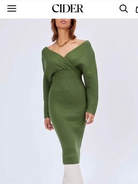 Cider Olive Ribbed Off-Shoulder Midi Sweater Dress